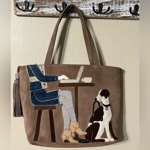 St. John’s Bay Purse Brown Suede Tote Bag with Dog and Laptop Design CUTE!!